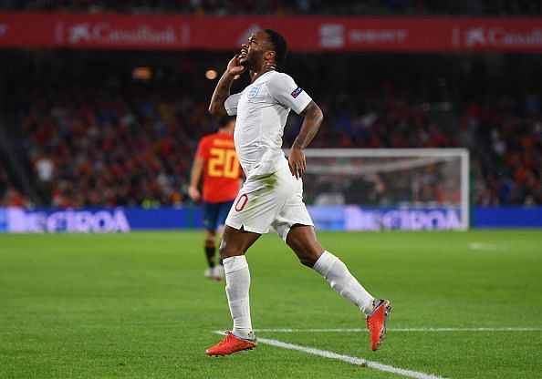 Sterling after scoring his first for England