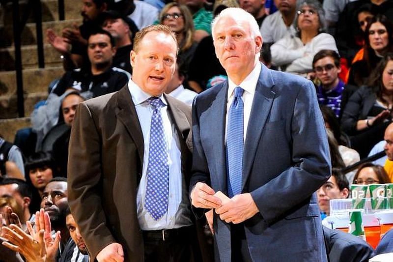 Mike Budenholzer with Gregg Popovich