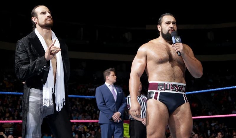 Aiden English is a dangerous heel, and Rusev (right) respects English&#039;s skills despite not respecting the latter as a person