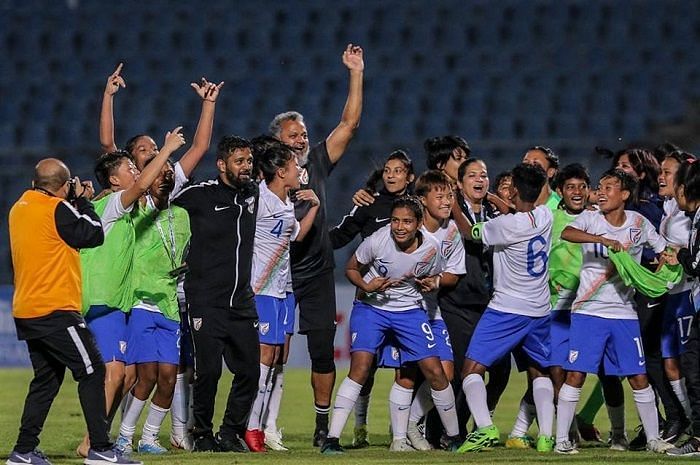 The Indian U-19 Women&#039;s team celebrates after its win over Thailand [Image: AIFF Media]
