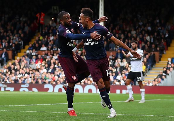 Lacazette and Aubameyang celebrate scoring against Fulham