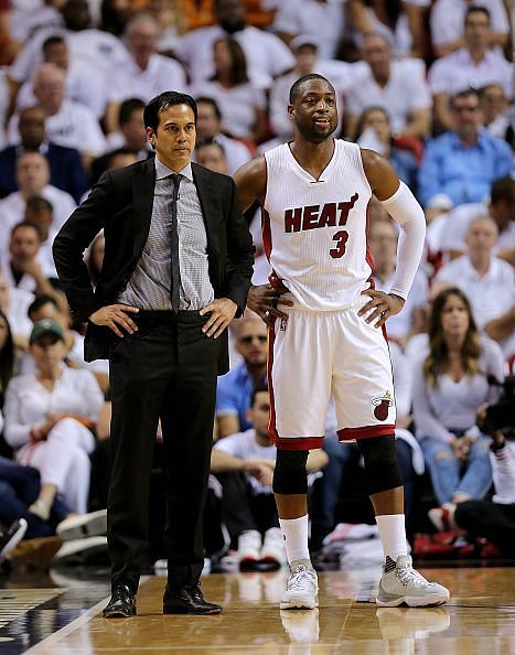 Head Coach, Erik Spoelstra with Dwyane Wade