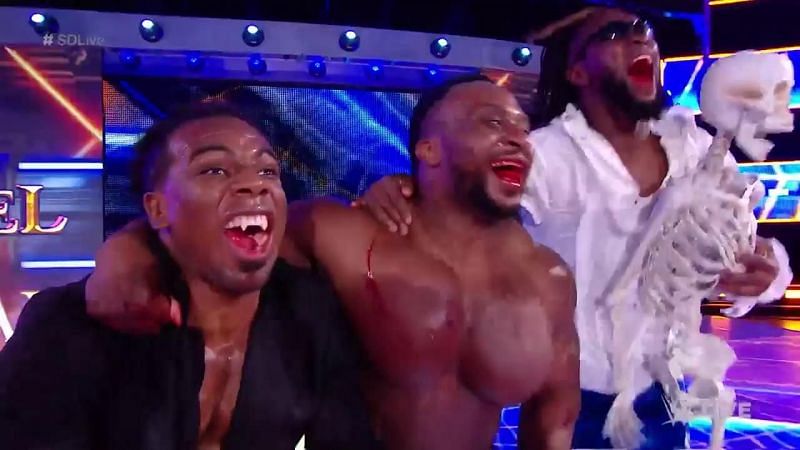 The New Day dressed as the Legendary WWE Tag Team, The Brood