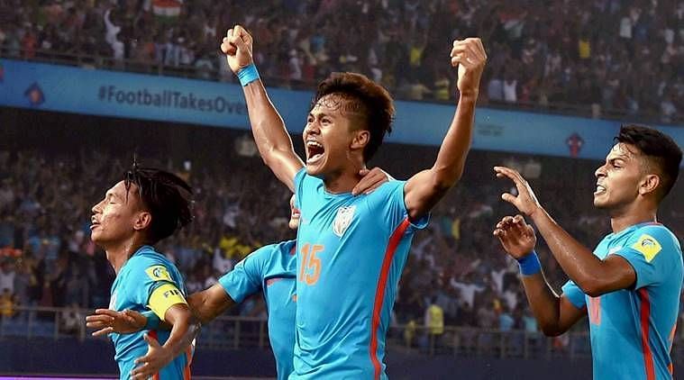 Jeakson Singh celebrates after scoing for India in the U-17 World Cup match against Columbia