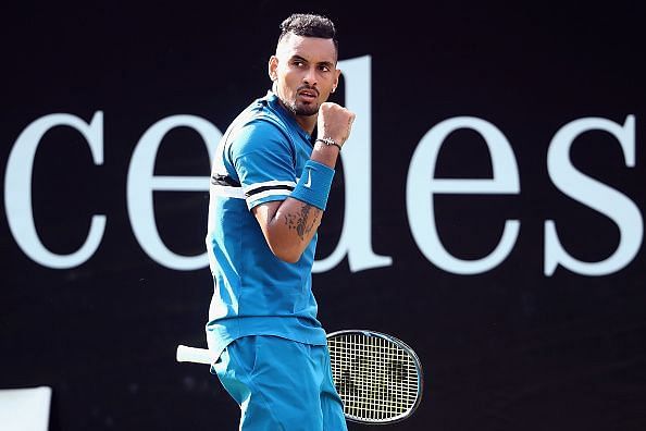 Kyrgios celebrating during a match on Day 5 of this year&#039;s Mercedes Cup in Stuttgart 