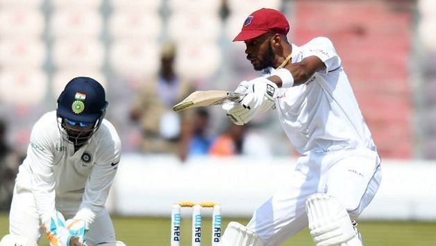 Roston Chase playing cut shot against India