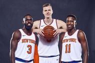 #3 Tim Hardaway Jr., #6 Kristaps Porzingis and #11 Frank Ntilikina