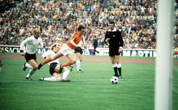 Uli Hoeness brings down Johan Cruyff in the 1974 World Cup final