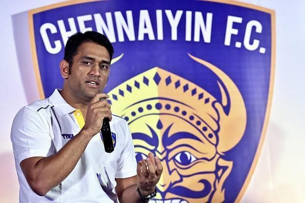 MS Dhoni at a press meet after Chennaiyin FC's match