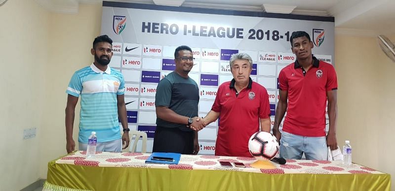 (From left) Chennai City FC captain Regin Michael, coach Akbar Nawas with Churchill manager Petre Gigiu and their striker Willis Plaza