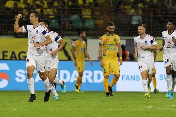Andrija Kaludjerovic celebrates after scoring the equalizer against Kerala Blasters [Image: ISL]