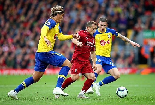 Xherdan Shaqiri is lost in Liverpool colours