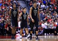 Malcolm Brogdon, Giannis Antetokounmpo & Kris Middleton of the Milwaukee Bucks