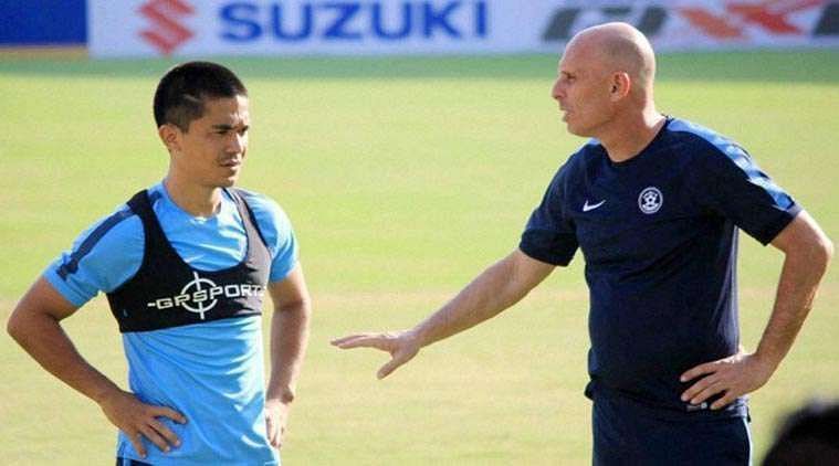 A file picture of India striker Sunil Chhetri with the national football team coach Stephen Constantine