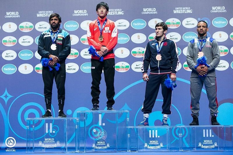 Bajrang Punia (leftmost) at the medal ceremony of the World Championship