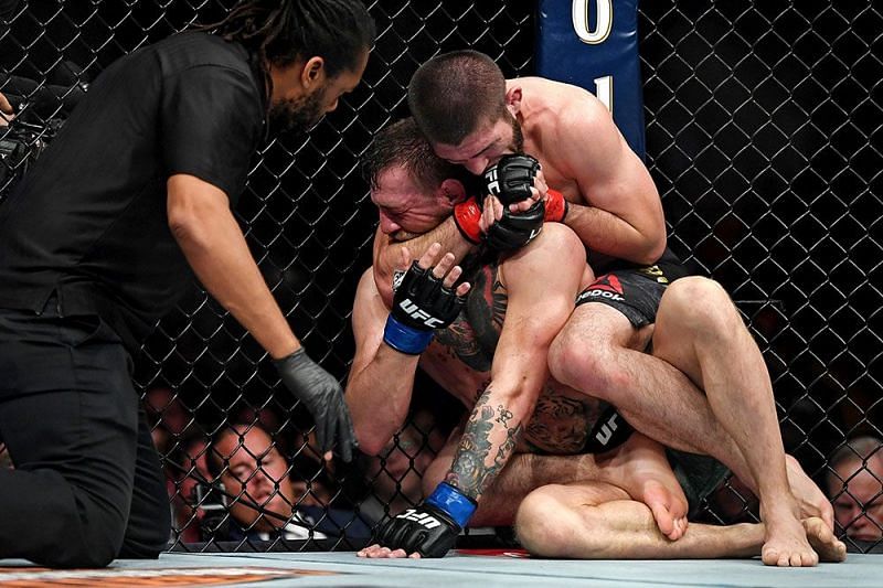 Conor McGregor, moments before tapping out to a neck crank by Khabib Nurmagomedov!