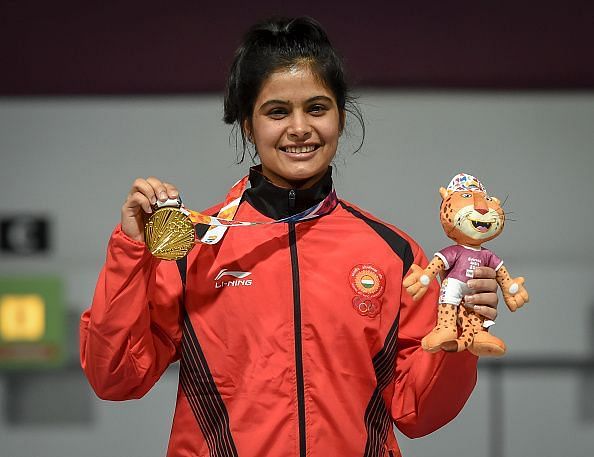 Manu Bhaker celebrates her gold medal win at the Youth Olympics on Tuesday