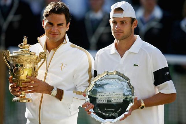 Roger Federer and Andy Roddick after their epic battle during Wimbledon 2009.