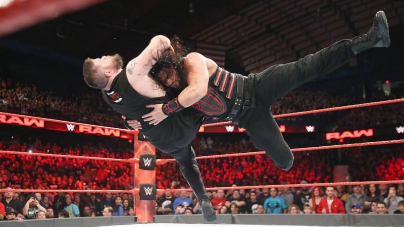 Reigns hits a great Spear, but his setup for the move still makes people shake their heads...