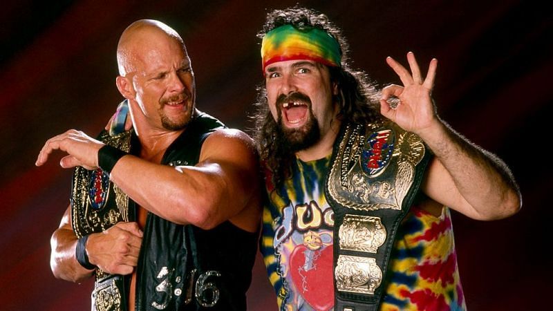 Steve Austin and Dude Love as WWF Tag Team Champions.