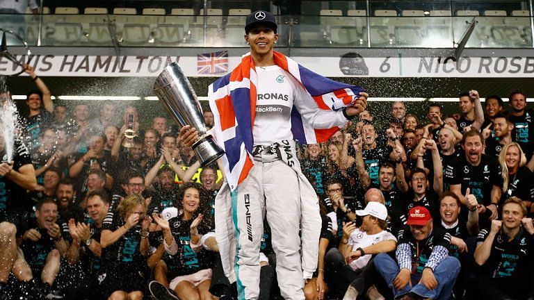 Jubilation in the Mercedes garage at Hamilton&#039;s first title with them and his second overall