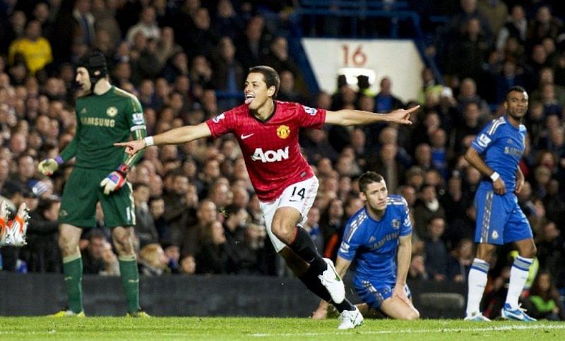 Javier Hernandez celebrates his amazing and controversial goal