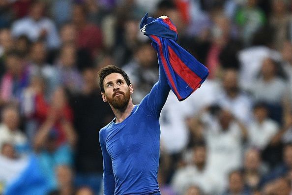 Lionel Messi with the shirt celebration against Real Madrid.