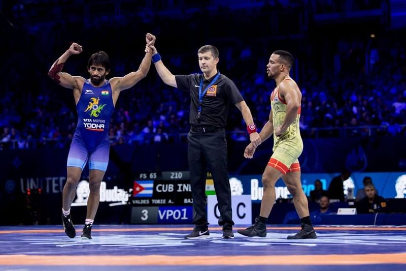 India&#039;s Bajrang Punia after winning his semi final bout against the 2017 World Championship Bronze medalist, Cuban wrestler, Alejandro Valdes Tobier in Budapest on Sunday late night