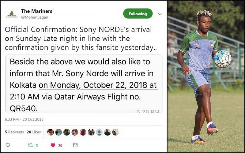 Official confirmation of Sony Norde's arrival in Kolkata (Souce: Twitter)