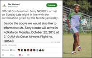 Official confirmation of Sony Norde's arrival in Kolkata (Souce: Twitter)
