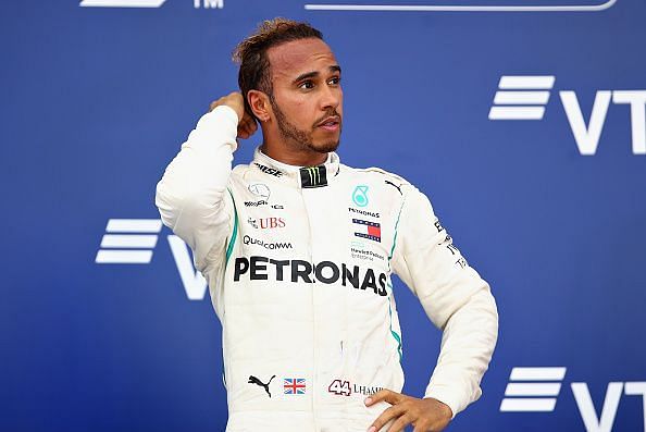 Lewis Hamilton on top of the podium at the F1 Grand Prix of Russia 2018