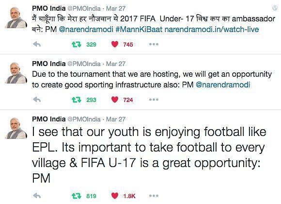 PMO Tweets about football how the #FIFAU17WC is a great opportunity.