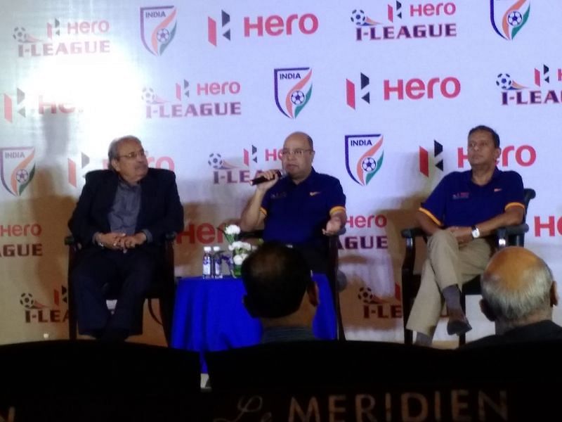 Kushal Das (right) listens as Subrata Dutta speaks during the I-League launch event.