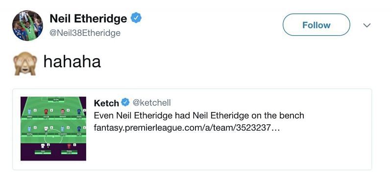 One of the funny moments when Neil Etheridge, goalkeeper of EPL Club Cardiff City placed himself as a substitute rather than in the playing 11 in his own FPL team
