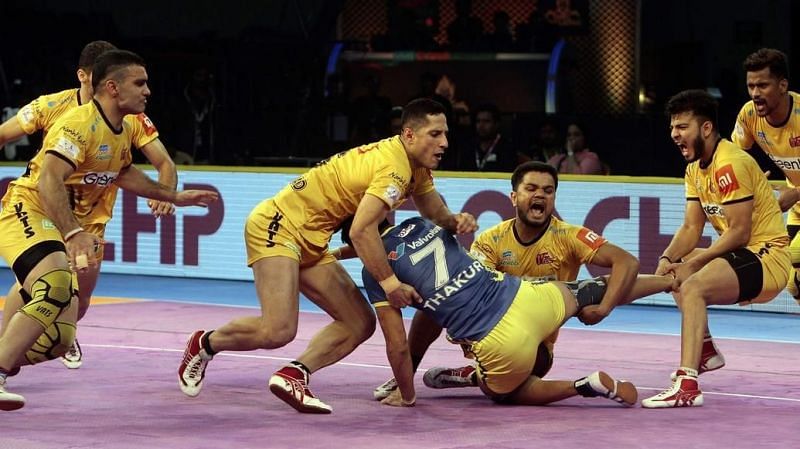 Telugu Titans&#039; defence was deadly tonight on the mat