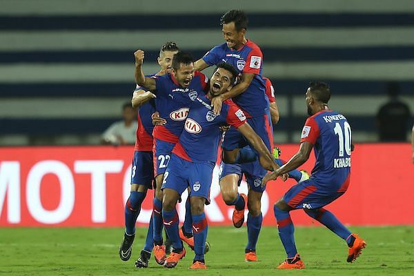 Bengaluru players celebrate Nishu Kumar&#039;s (second from left) goal