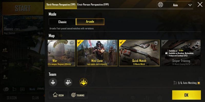 PUBG Mobile: The options in Arcade Mode