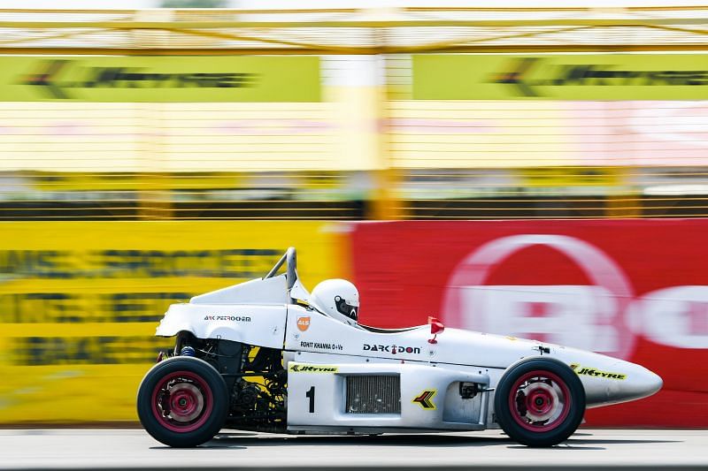 Delhi&#039;s Rohit Khanna (Dark Don) leads day 1 in the LGB Formula 4 category during round 3 of the 21st JK Tyre FMSCI National Racing Championship in Coimbatore