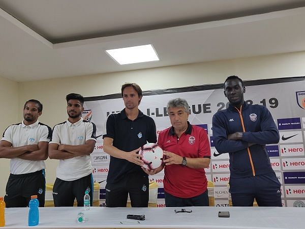 Paul Munster, Minerva Punjab coach (third from left) with Churchill Brothers manager Petre Gigiu (Image: AIFF Media)