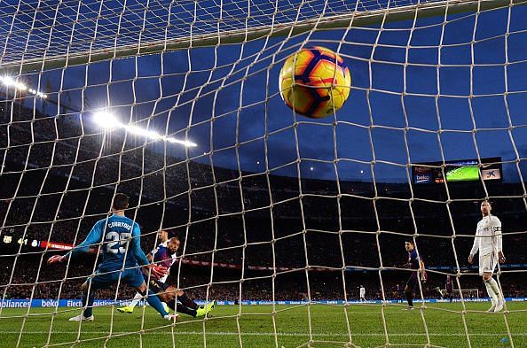 A familiar sight for a hapless Thibaut Courtois against FC Barcelona