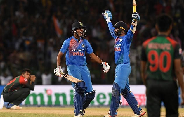 Dinesh Karthik hit Soumya Sarkar for a six as India won the Nidahas Trophy