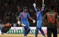 Dinesh Karthik hit Soumya Sarkar for a six as India won the Nidahas Trophy