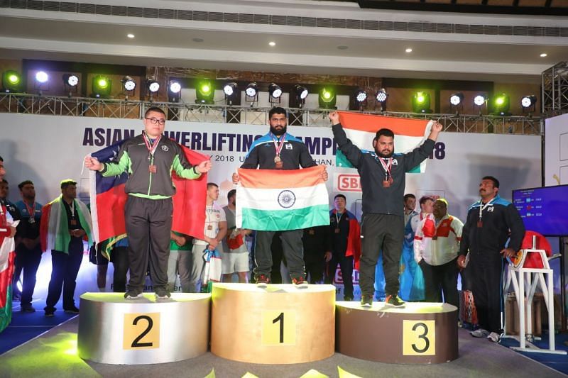 Mukesh (3rd) on the podium of Asian Powerlifting Championship