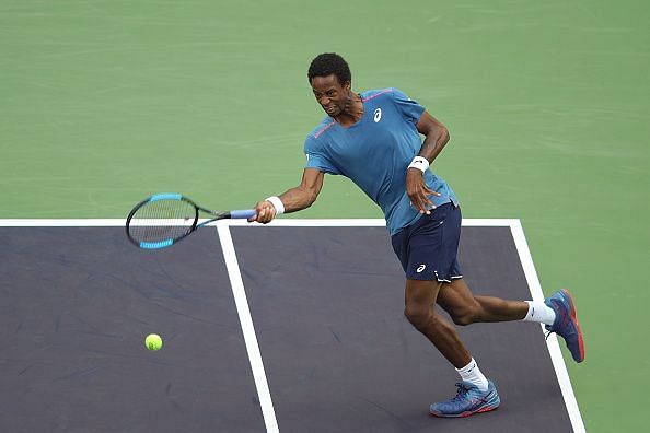 Gael Monfils gets inside the line to smack a forehand vs Tsitsipas, Shanghai Masters