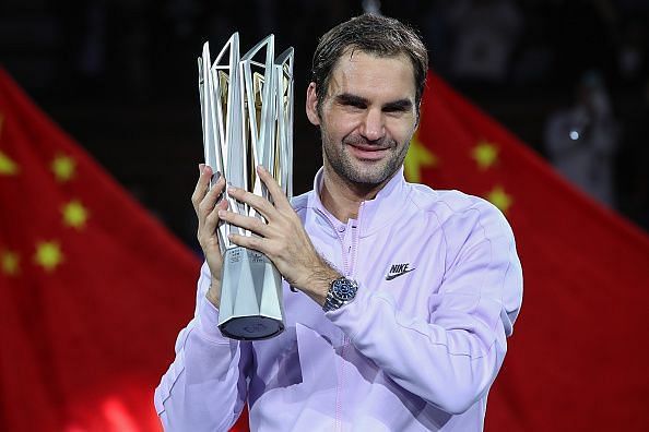 The defending champion of the Shanghai Rolex Masters, Roger Federer with the trophy