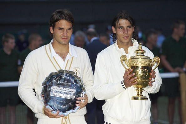 Nadal and Federer receiving honours after 2008 Wimbledon final