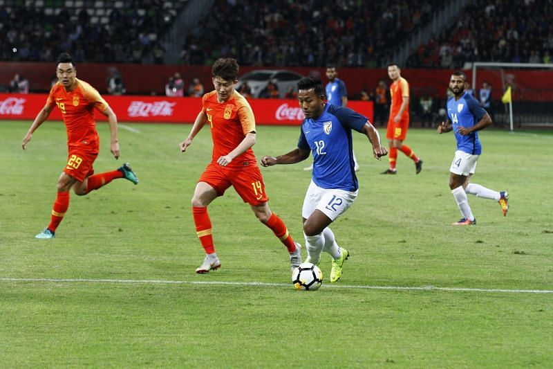 Jeje Lalpekhlua of India in action against China during their international friendly on Saturday (Image: ISL)