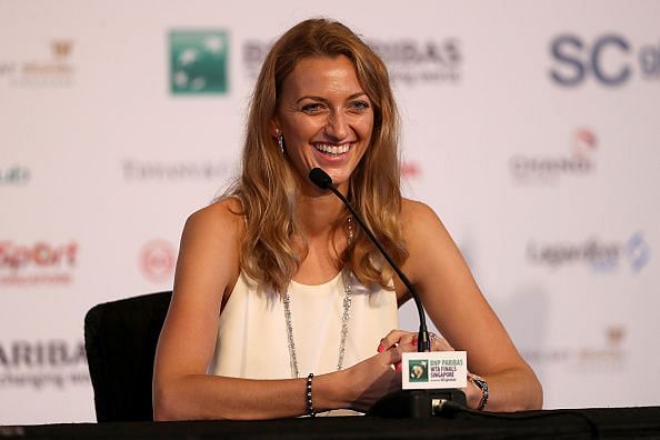 Petra Kvitova speaks at a press conference ahead of the WTA Finals in Singapore