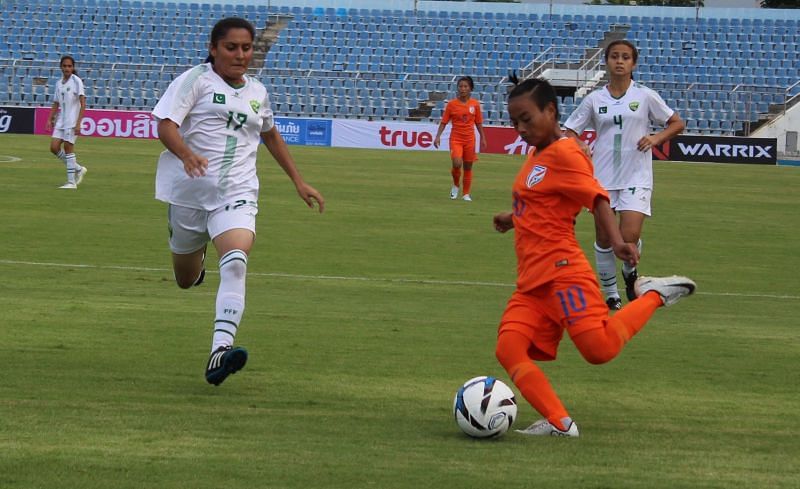 Action from the match between India and Pakistan in the AFC U-19 Women&#039;s Championship Qualifier (Image: AIFF Media)