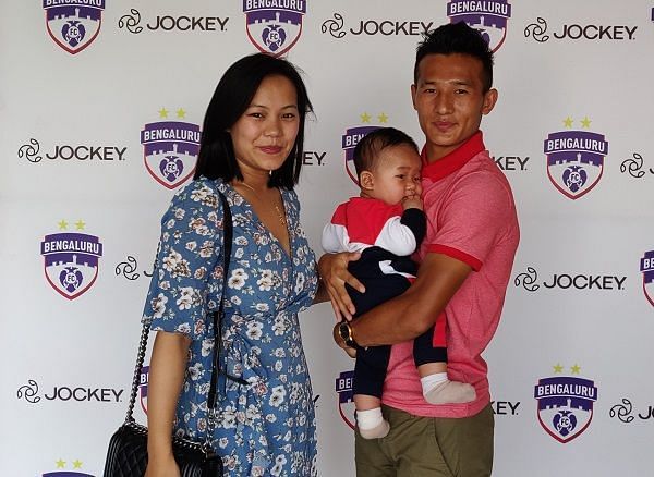 Chencho Gyeltshen of Bengaluru FC with his wife and son